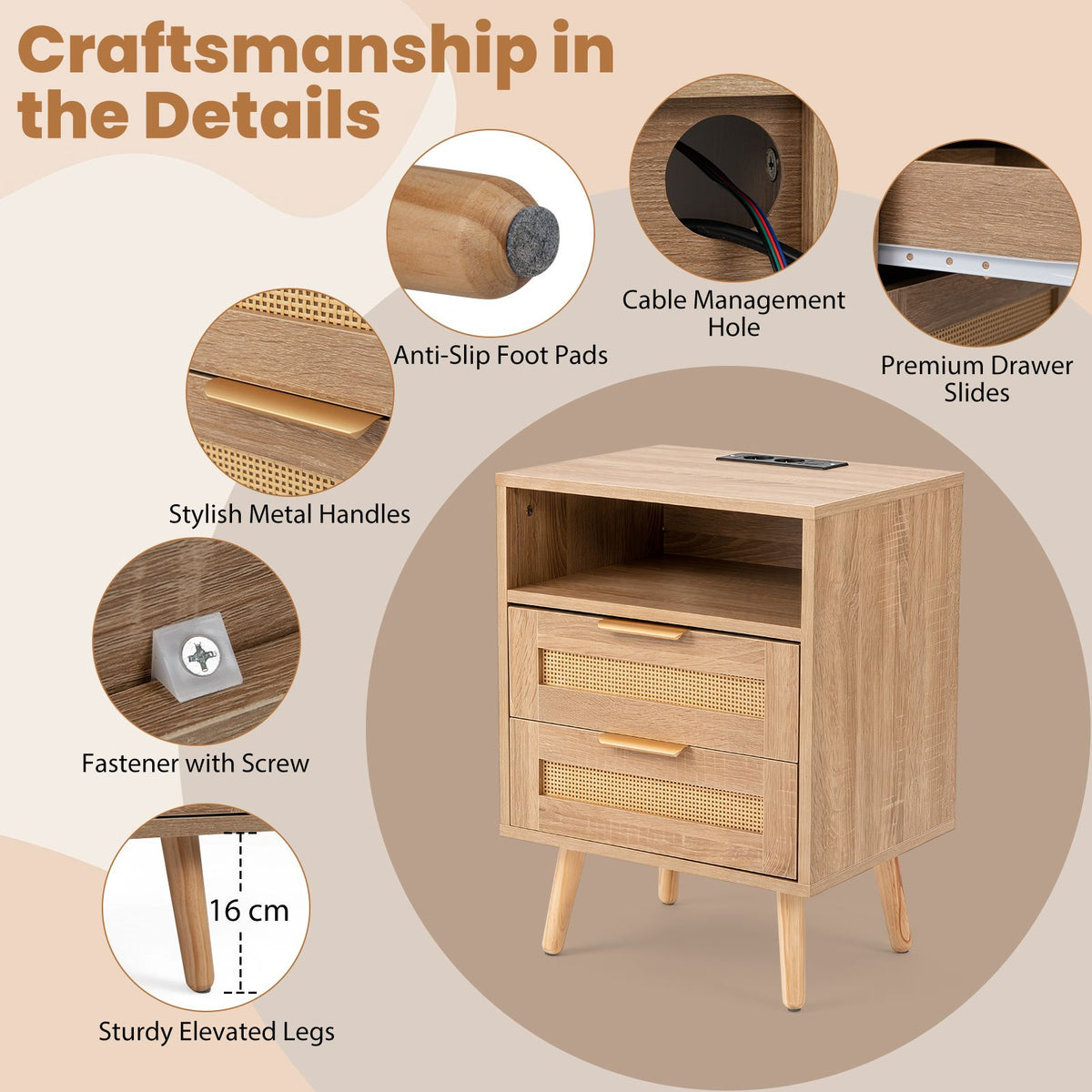 Boho Nightstand with Charging Station and RGB LED Light Strip
