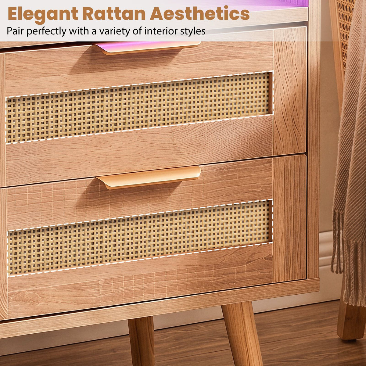 Boho Nightstand with Charging Station and RGB LED Light Strip