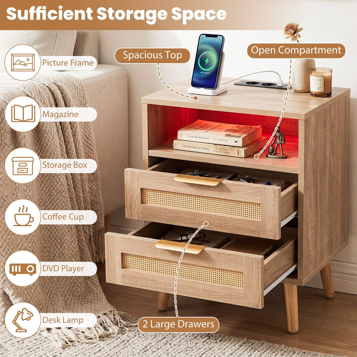 Boho Nightstand with Charging Station and RGB LED Light Strip