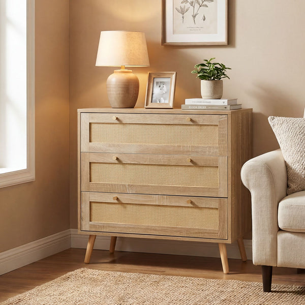 Boho Wooden Nightstand with 3 Large Drawers and Pine Wood Legs for Living Room and Bedroom