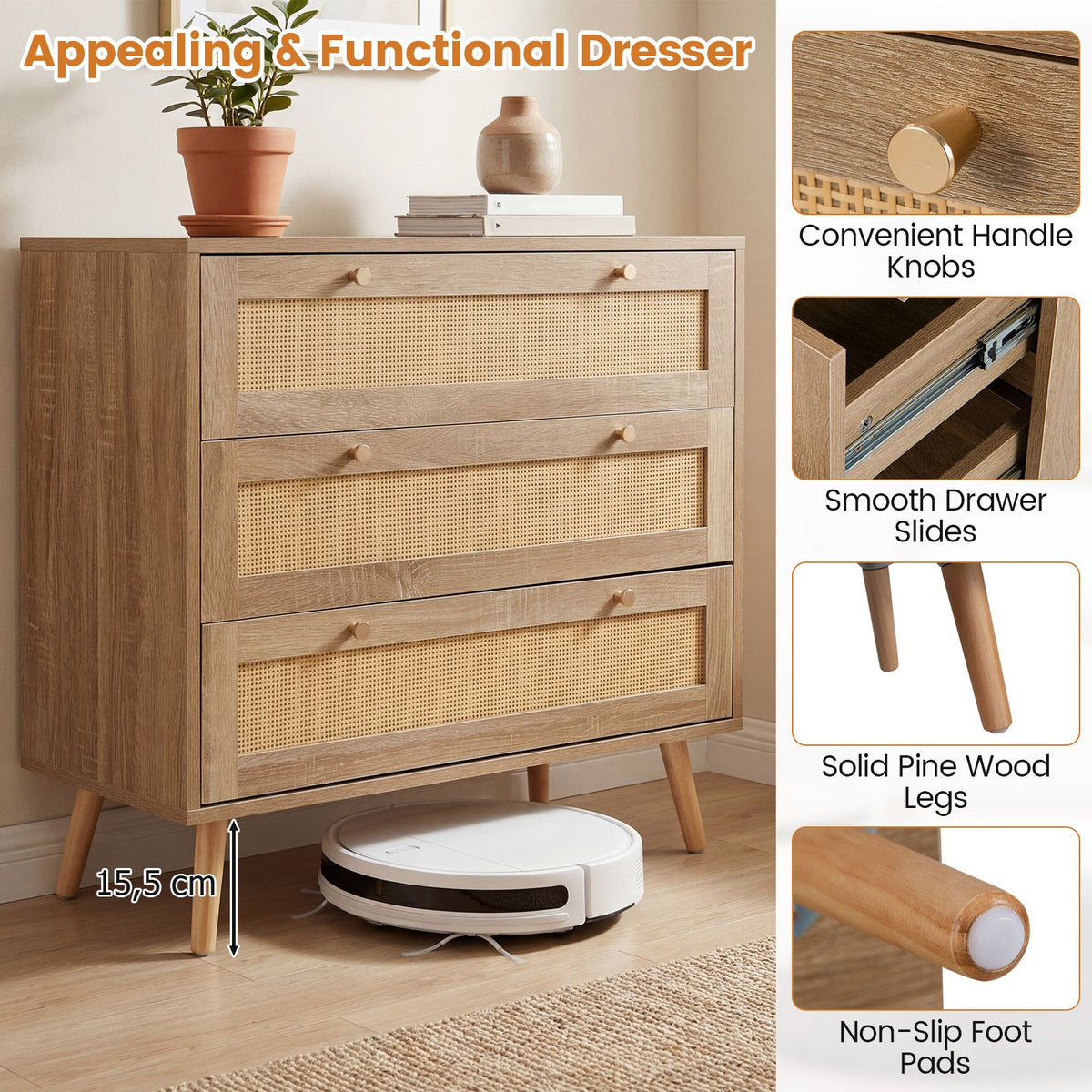 Boho Wooden Nightstand with 3 Large Drawers and Pine Wood Legs for Living Room and Bedroom