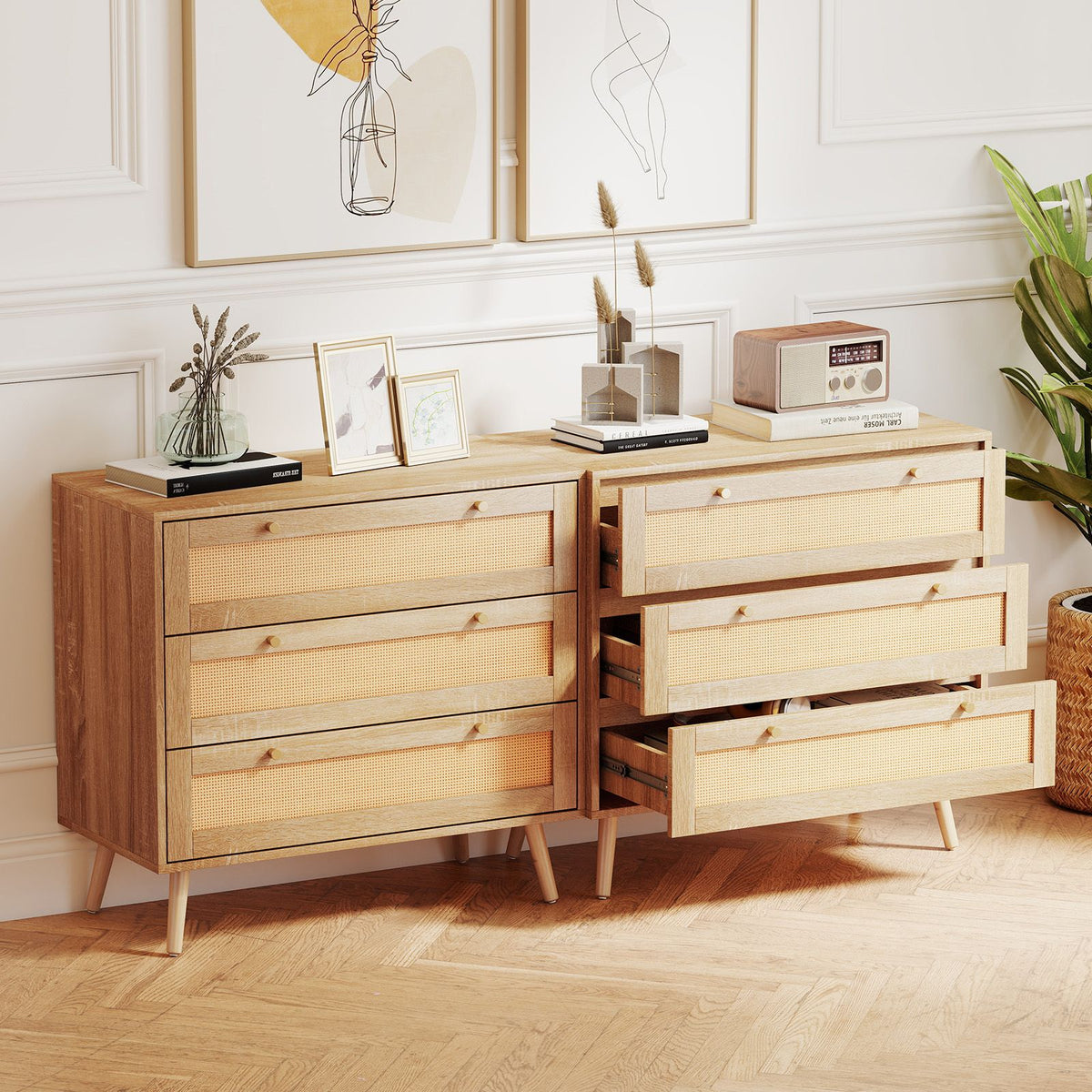 Boho Wooden Nightstand with 3 Large Drawers and Pine Wood Legs for Living Room and Bedroom