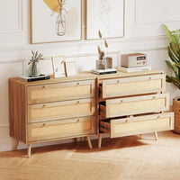 Boho Wooden Nightstand with 3 Large Drawers and Pine Wood Legs for Living Room and Bedroom