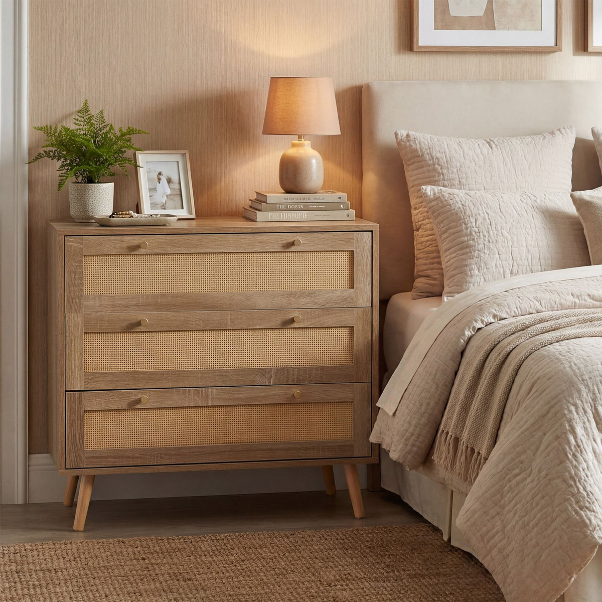 Boho Wooden Nightstand with 3 Large Drawers and Pine Wood Legs for Living Room and Bedroom