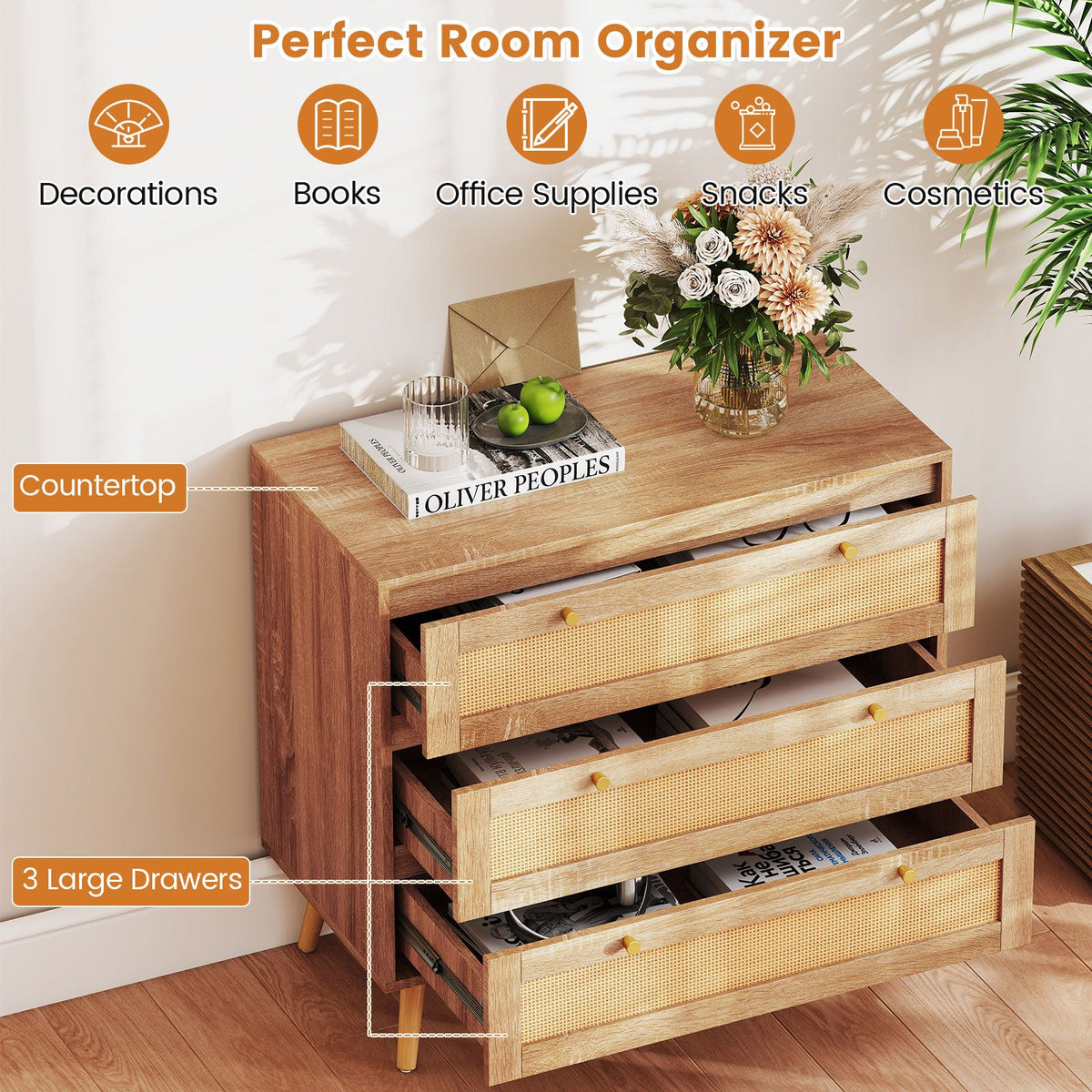 Boho Wooden Nightstand with 3 Large Drawers and Pine Wood Legs for Living Room and Bedroom
