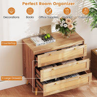 Boho Wooden Nightstand with 3 Large Drawers and Pine Wood Legs for Living Room and Bedroom