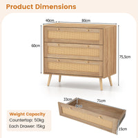 Boho Wooden Nightstand with 3 Large Drawers and Pine Wood Legs for Living Room and Bedroom