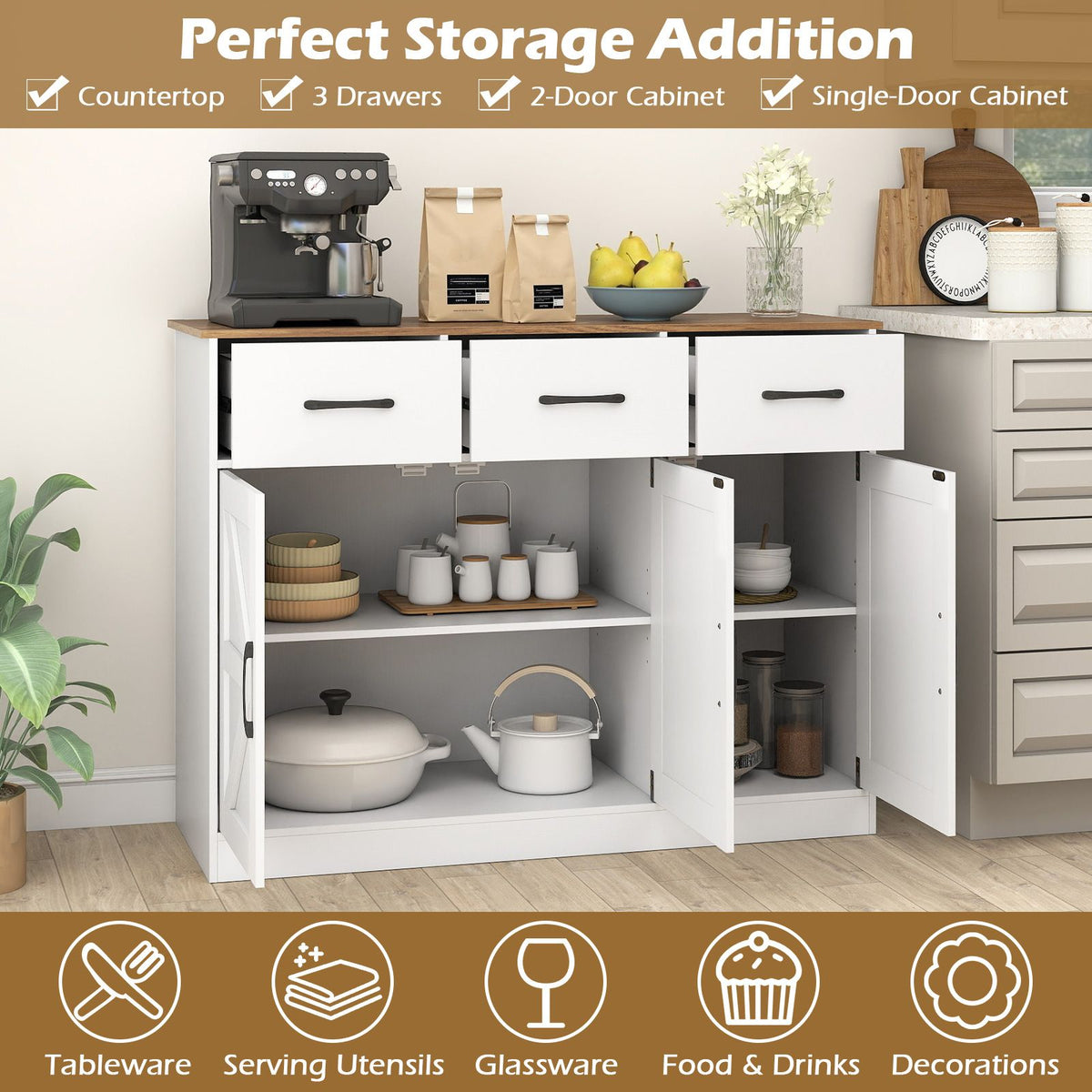 Buffet Cabinet with Drawers Large Sideboard Storage Cabinet with Adjustable Shelves