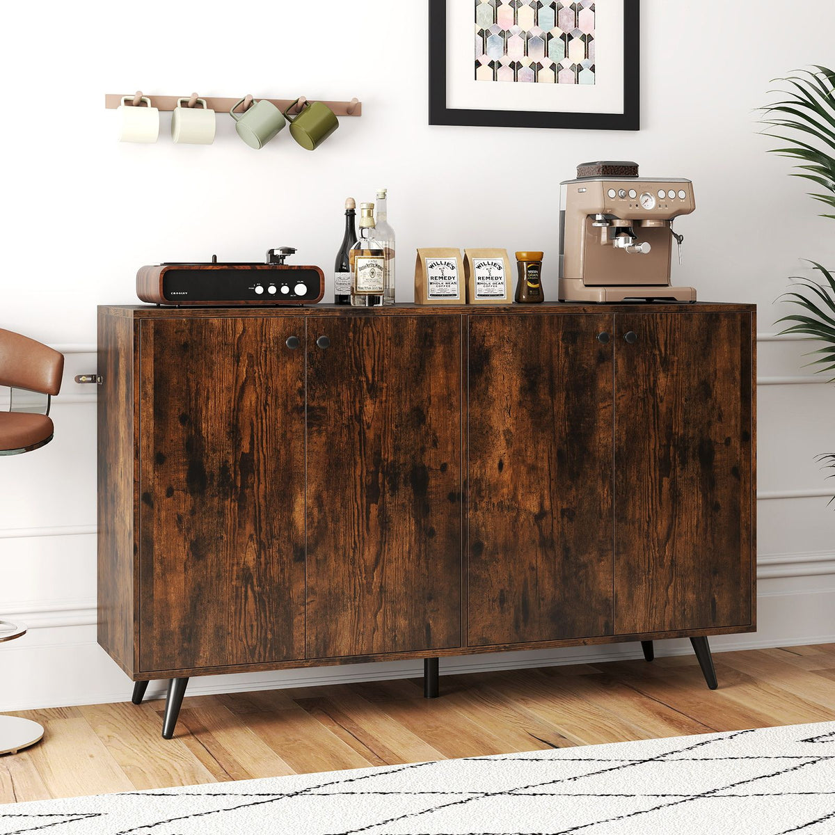Mid Century Modern Buffet Sideboard with 4 Doors and Adjustable Shelves