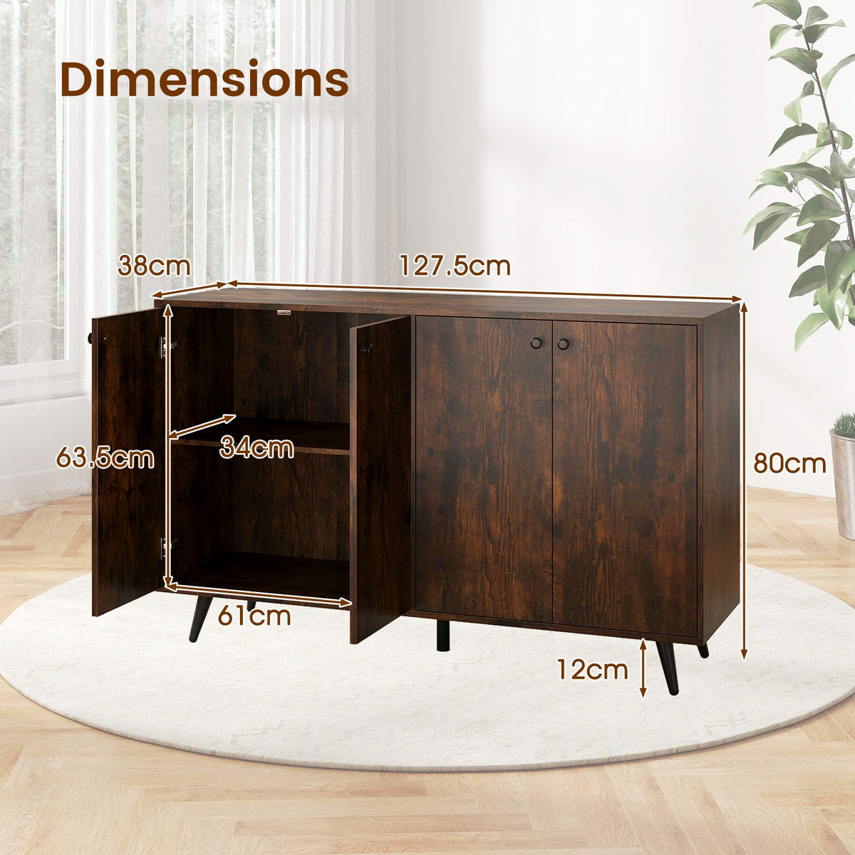 Mid Century Modern Buffet Sideboard with 4 Doors and Adjustable Shelves