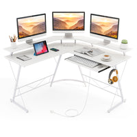 L-Shaped Computer Desk with Power Outlet, 130 cm Corner Computer Workstation with Monitor Stand