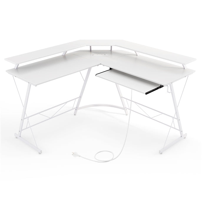 L-Shaped Computer Desk with Power Outlet, 130 cm Corner Computer Workstation with Monitor Stand