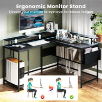 L-Shaped Home Office Gaming Desk with LED Lights and Power Outlets
