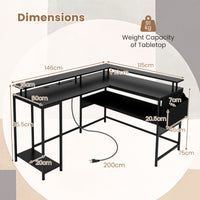 L-Shaped Home Office Gaming Desk with LED Lights and Power Outlets