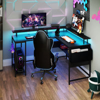 L-Shaped Home Office Gaming Desk with LED Lights and Power Outlets