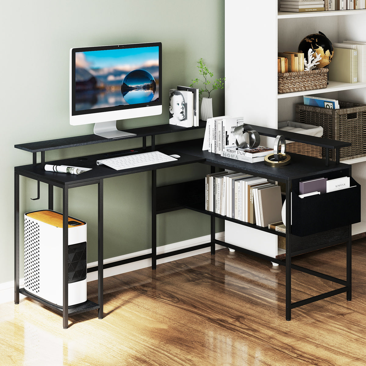 L-Shaped Home Office Gaming Desk with LED Lights and Power Outlets