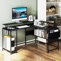 L-Shaped Home Office Gaming Desk with LED Lights and Power Outlets