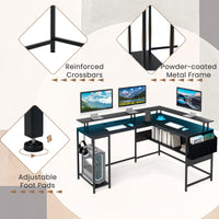 L-Shaped Home Office Gaming Desk with LED Lights and Power Outlets