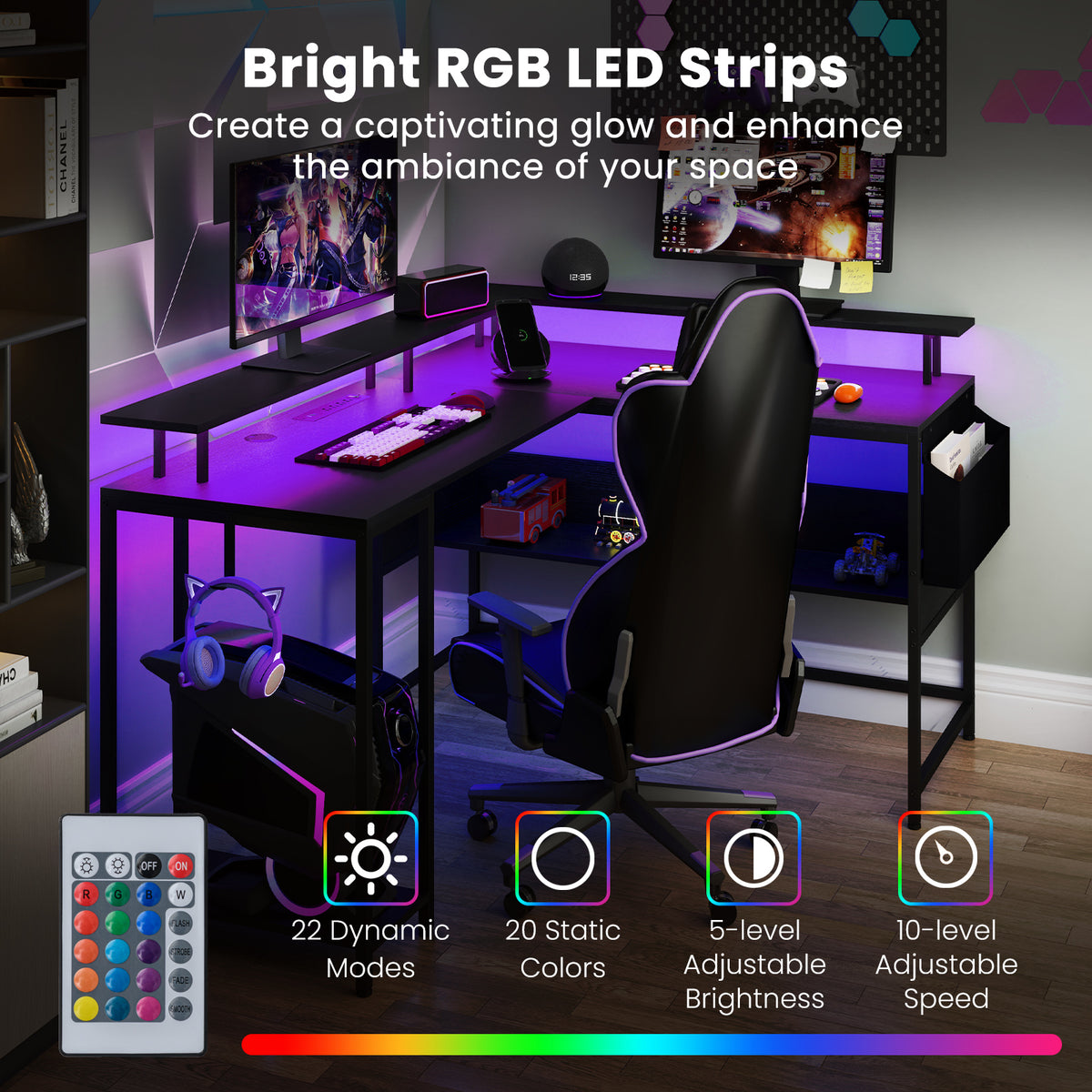 L-Shaped Home Office Gaming Desk with LED Lights and Power Outlets