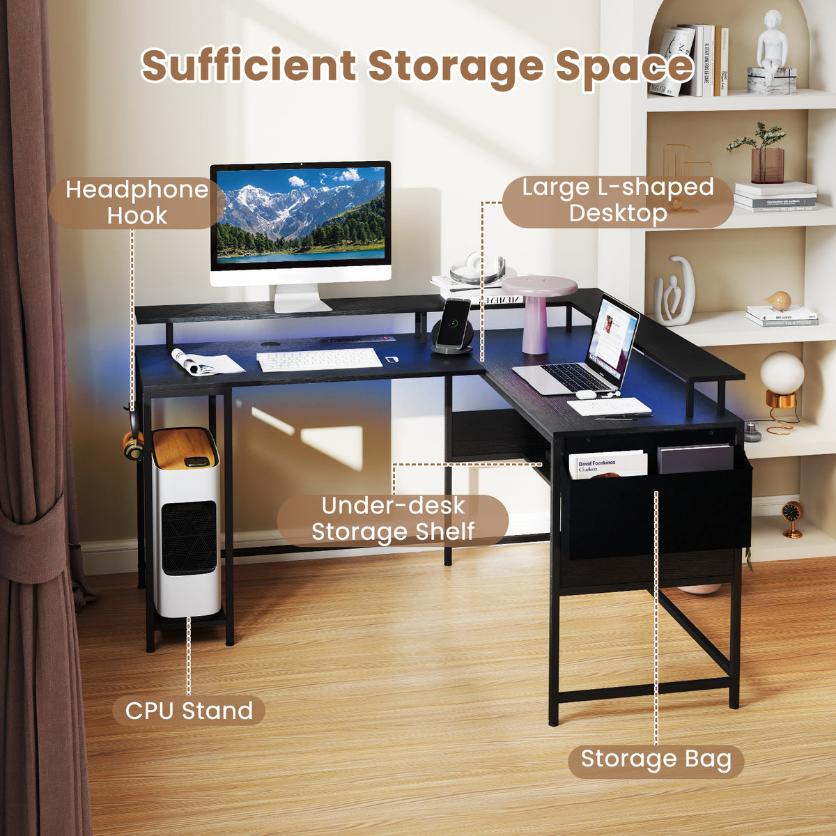 L-Shaped Home Office Gaming Desk with LED Lights and Power Outlets