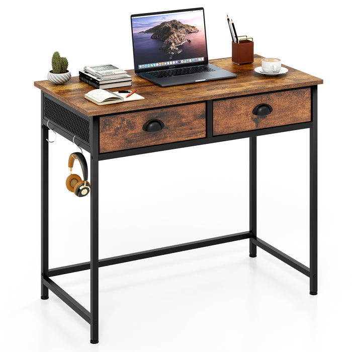 Computer Desk Home Office Desk w/ 2 Fabric Drawers 4 Hanging Hooks Metal Frame
