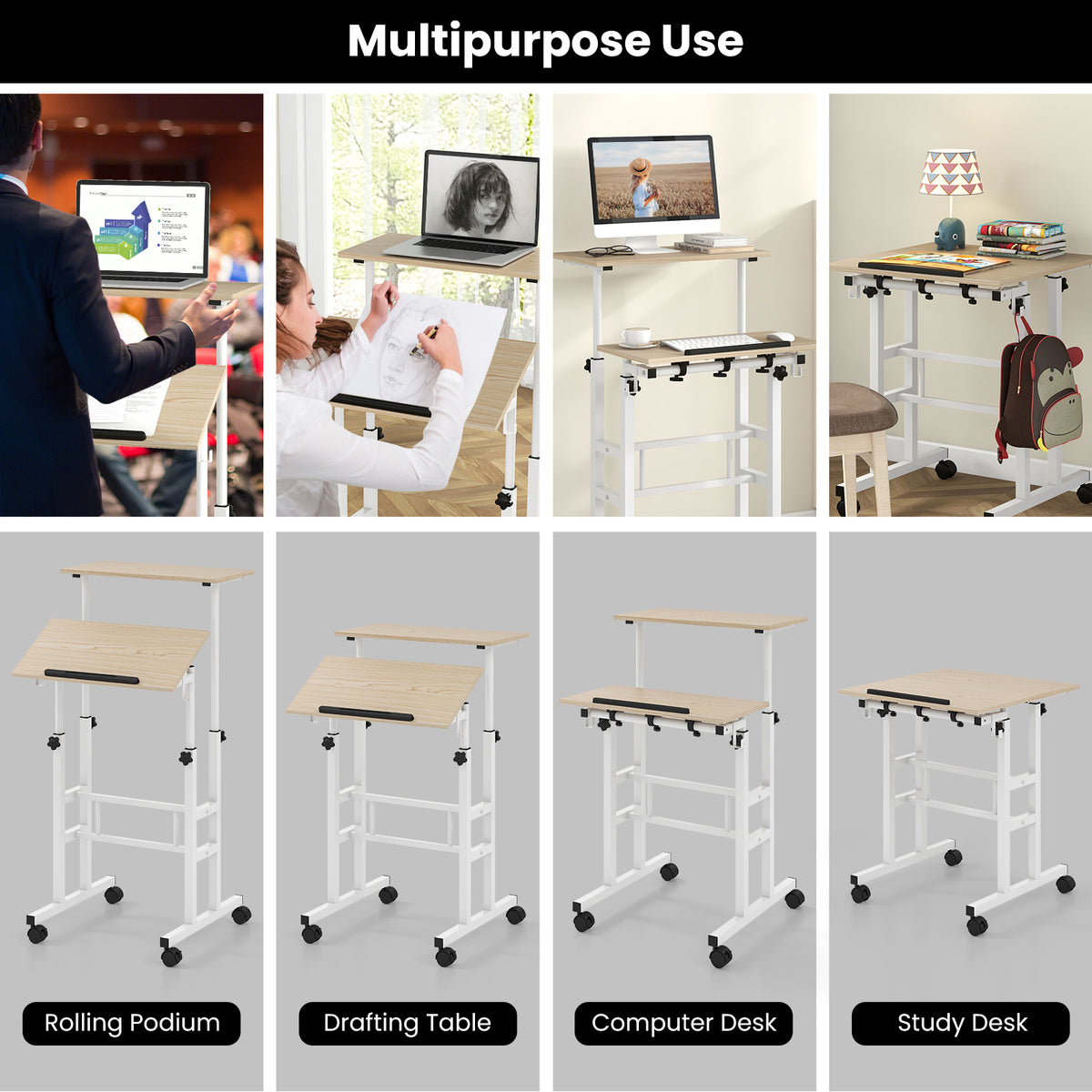 Giantex Mobile Standing Desk, Height Adjustable Sit Stand Desk, 2-Tier Home Office Computer Workstation
