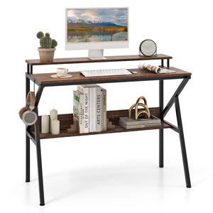 Computer Desk Versatile Writing Desk w/ Monitor Stand Hanging Hook Storage Shelf