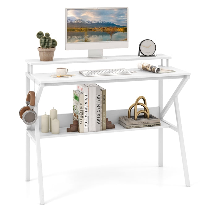 Computer Desk Versatile Writing Desk w/ Monitor Stand Hanging Hook Storage Shelf