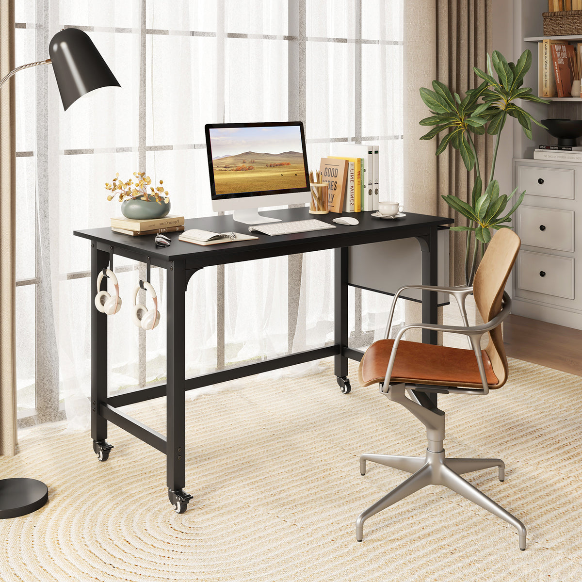 Computer Desk on Wheels, Rolling Home Office Desk w/ Detachable Fabric Bag & Headphone Hooks