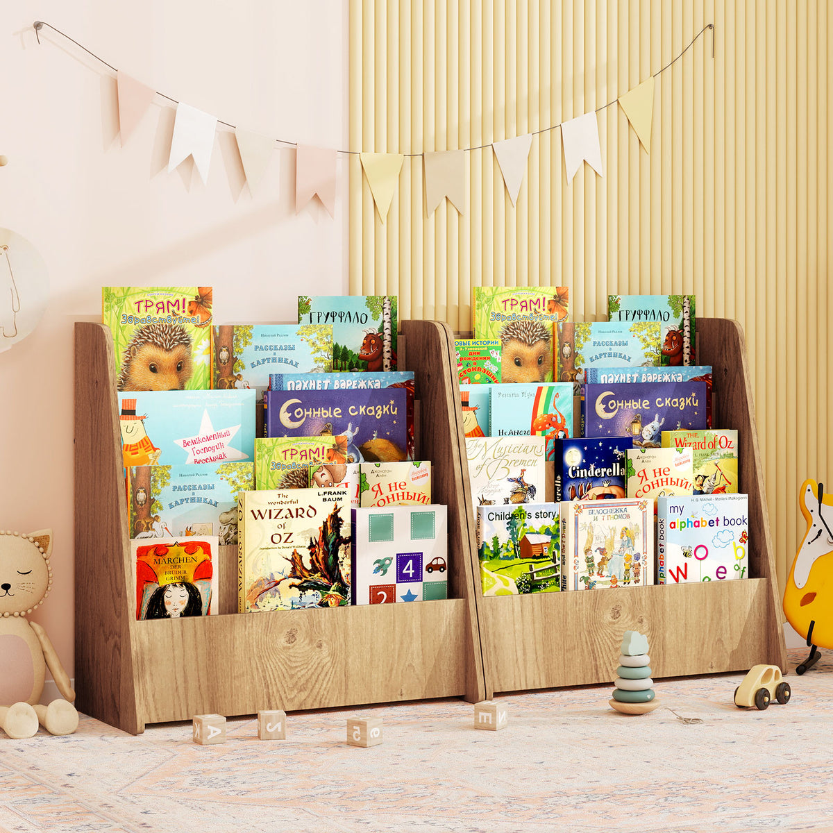 4-Tier Kids Wooden Bookshelf, Front Facing Children Display Bookcase with Deep Compartments