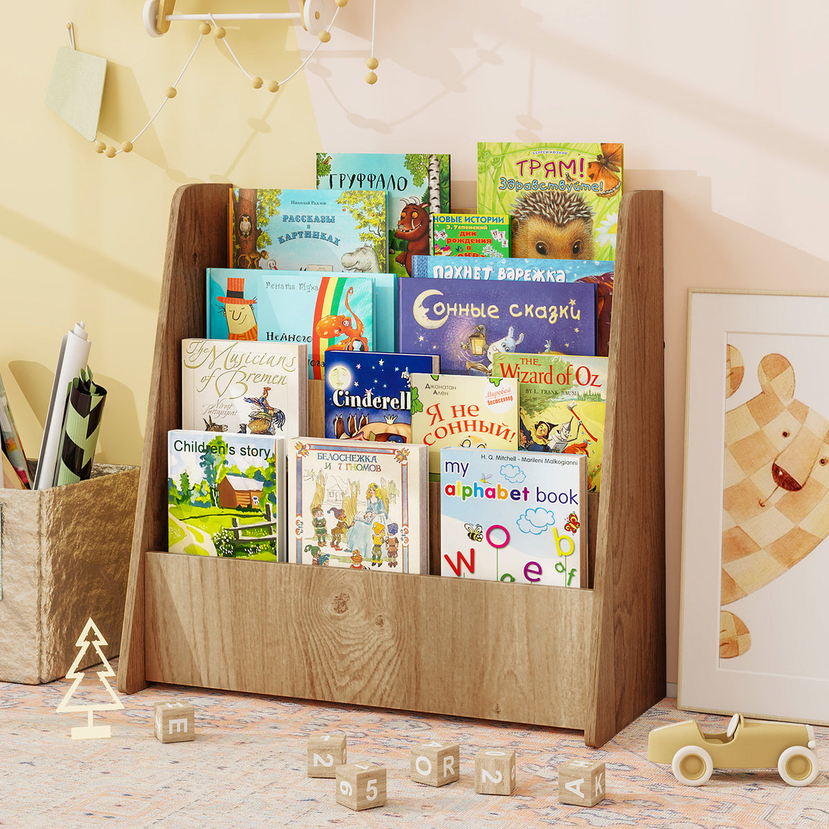 4-Tier Kids Wooden Bookshelf, Front Facing Children Display Bookcase with Deep Compartments