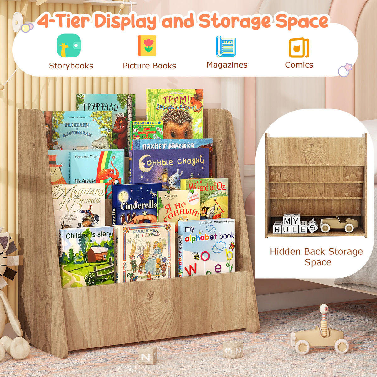 4-Tier Kids Wooden Bookshelf, Front Facing Children Display Bookcase with Deep Compartments