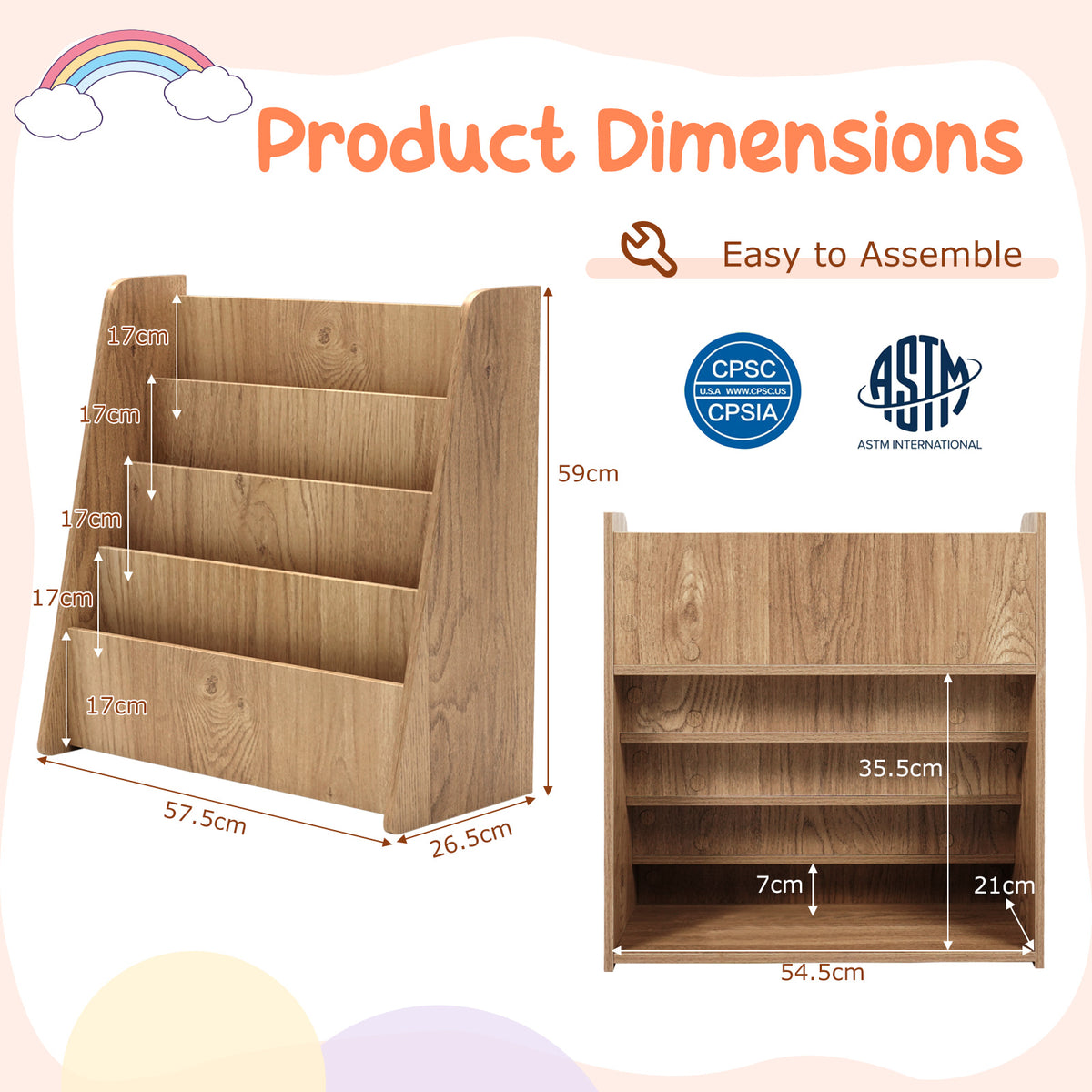 4-Tier Kids Wooden Bookshelf, Front Facing Children Display Bookcase with Deep Compartments