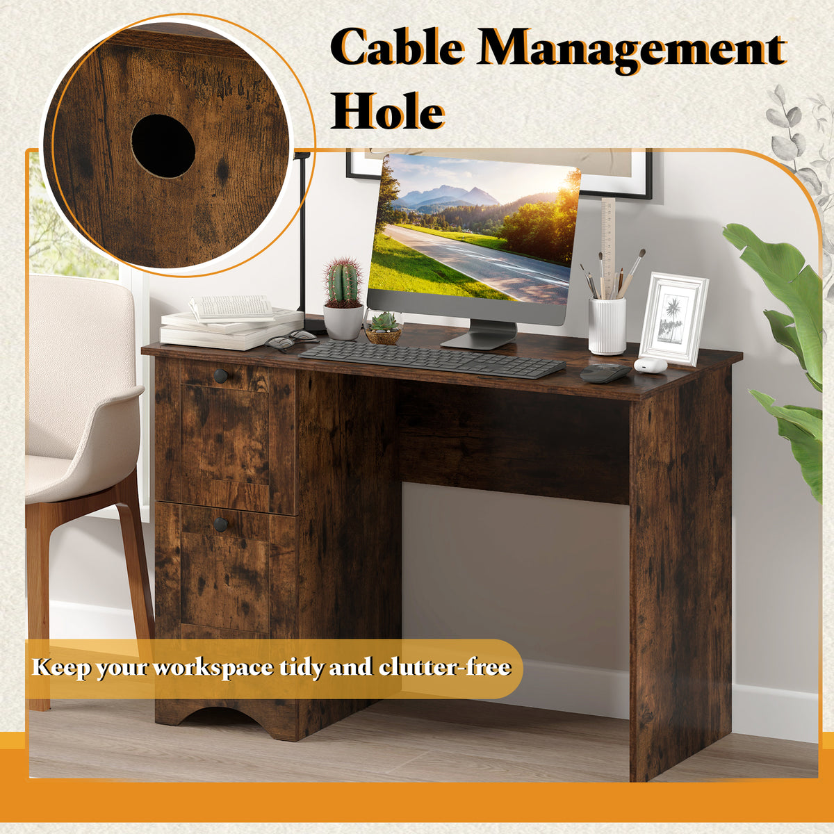 Giantex Computer Desk with Drawers, Home Office Desk with Charging Station, Modern Study Writing Desk with Cable Hole