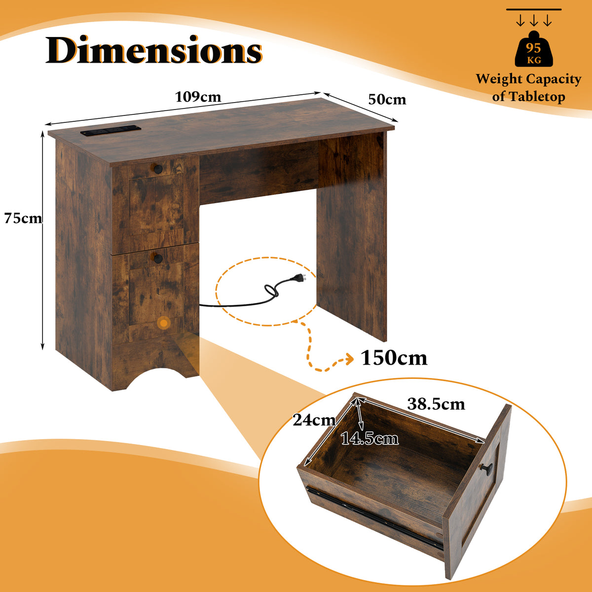 Giantex Computer Desk with Drawers, Home Office Desk with Charging Station, Modern Study Writing Desk with Cable Hole