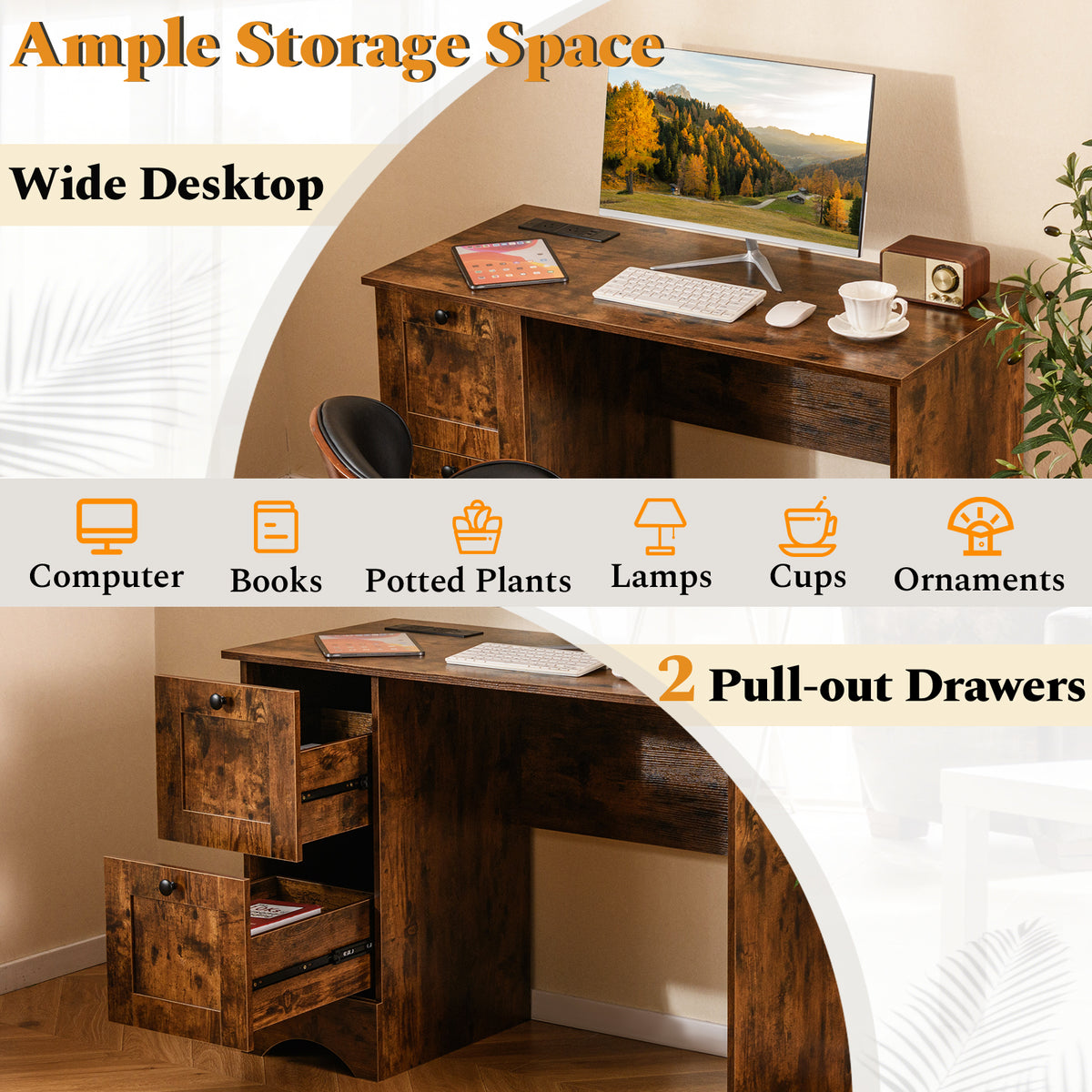 Giantex Computer Desk with Drawers, Home Office Desk with Charging Station, Modern Study Writing Desk with Cable Hole
