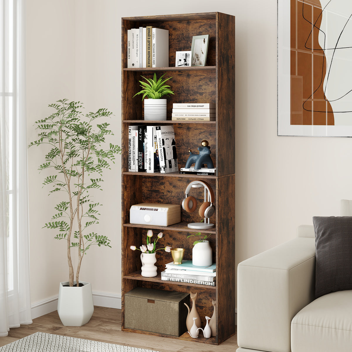 6-Tier Open Bookcase, 178 cm Tall Floor Standing Book Storage Organizer