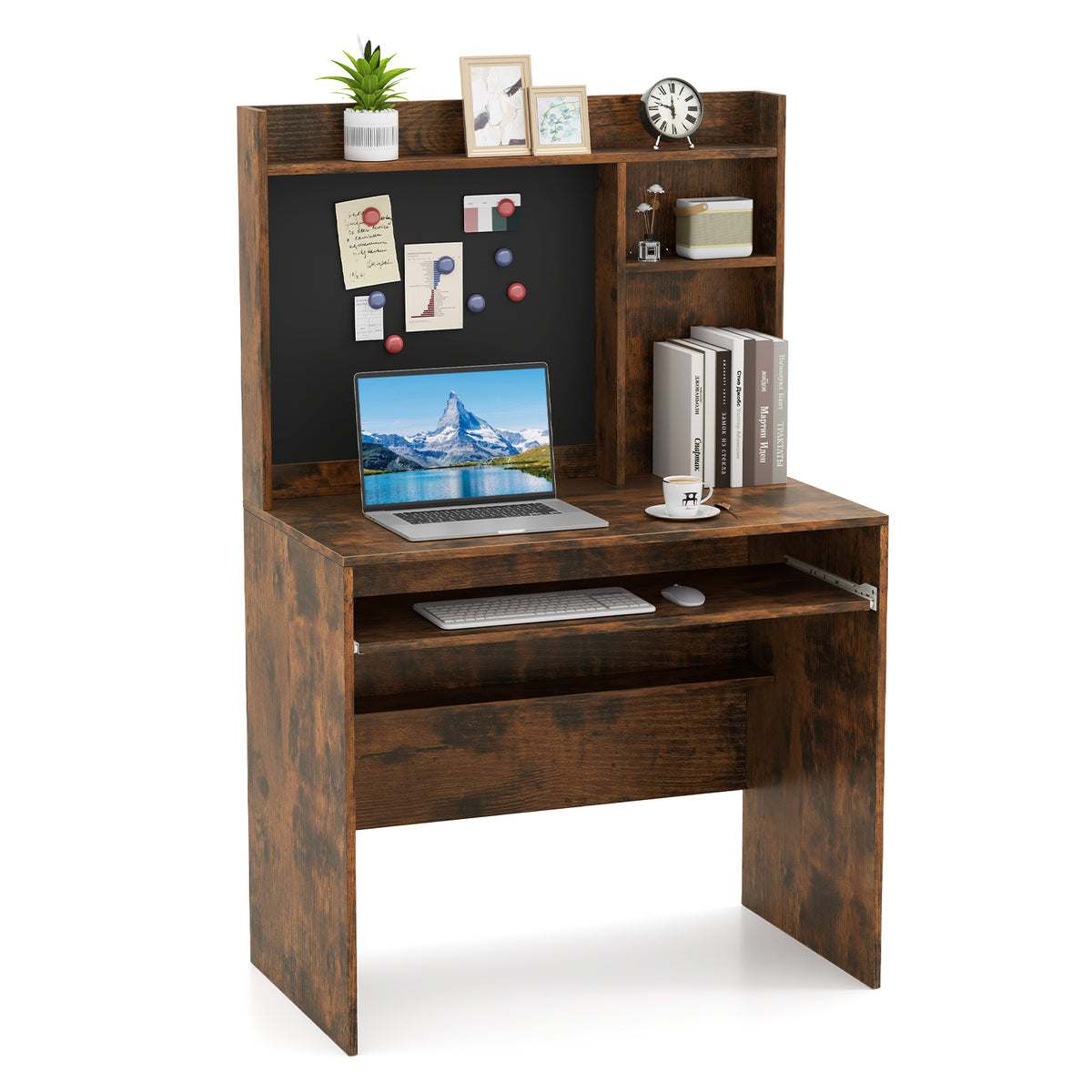 Computer Desk w/ Magnetic Bulletin Board, Home Office Desk w/ Hutch & Keyboard Tray, Modern Writing Table