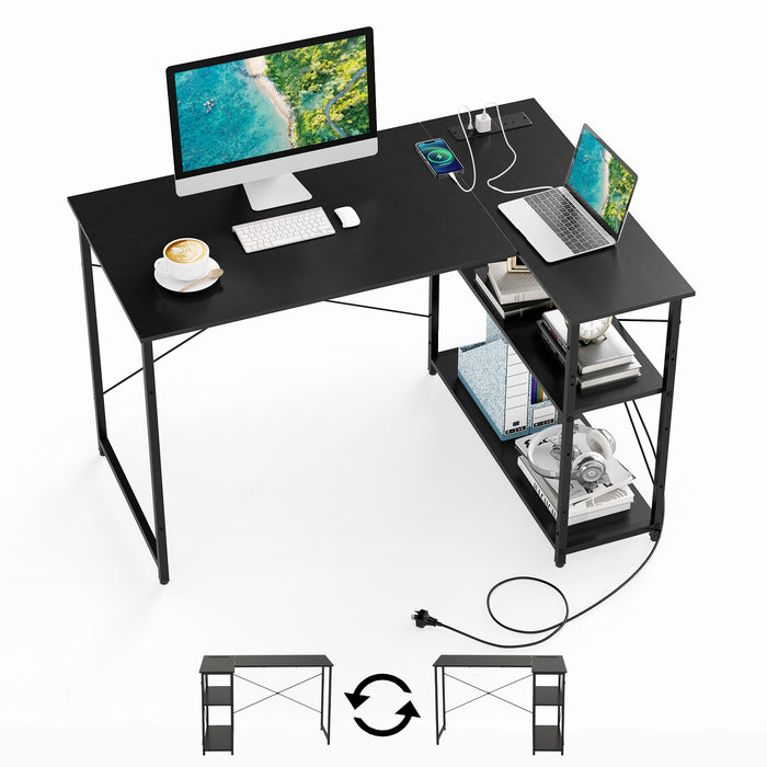 L-shaped Desk w/ Power Outlet Computer Desk Corner Gaming Desk for Home & Office