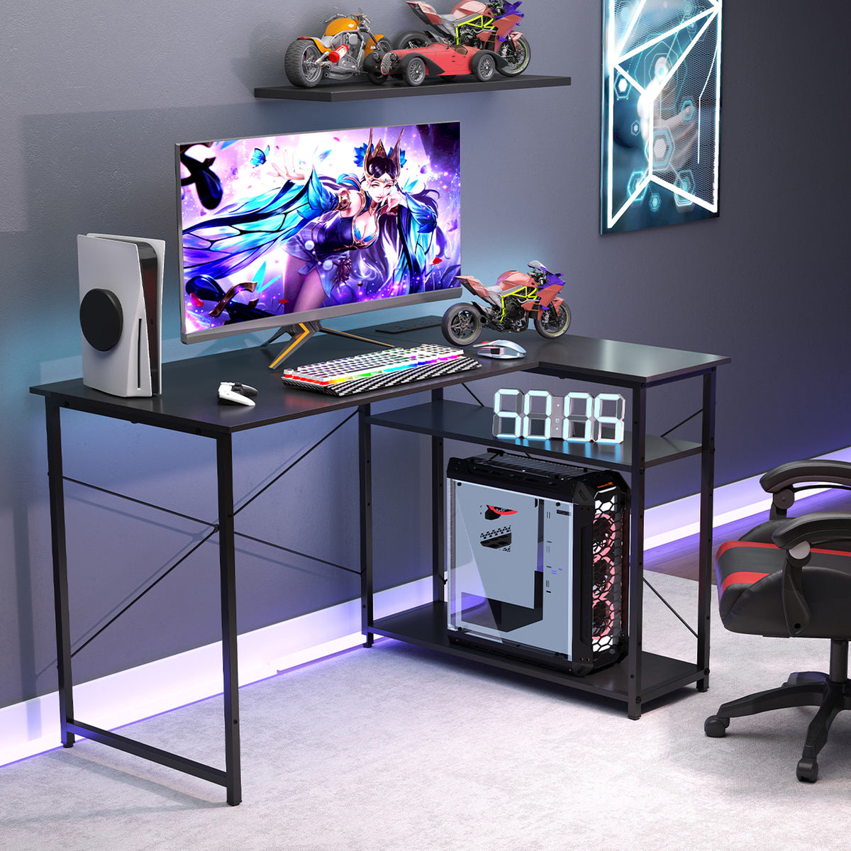 L-shaped Desk w/ Power Outlet Computer Desk Corner Gaming Desk for Home & Office