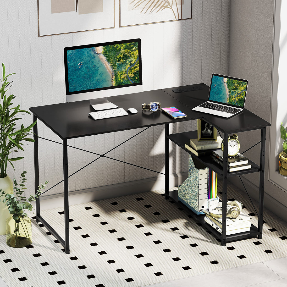 L-shaped Desk w/ Power Outlet Computer Desk Corner Gaming Desk for Home & Office