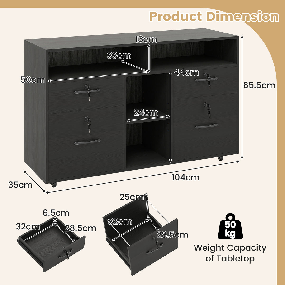 File Cabinet with Lock, Mobile Lateral Filing Storage Organizer