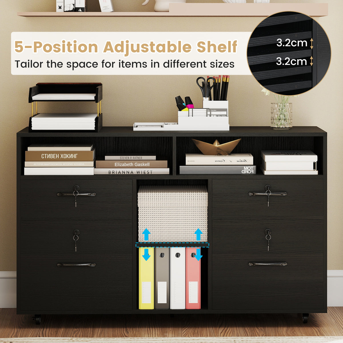 File Cabinet with Lock, Mobile Lateral Filing Storage Organizer
