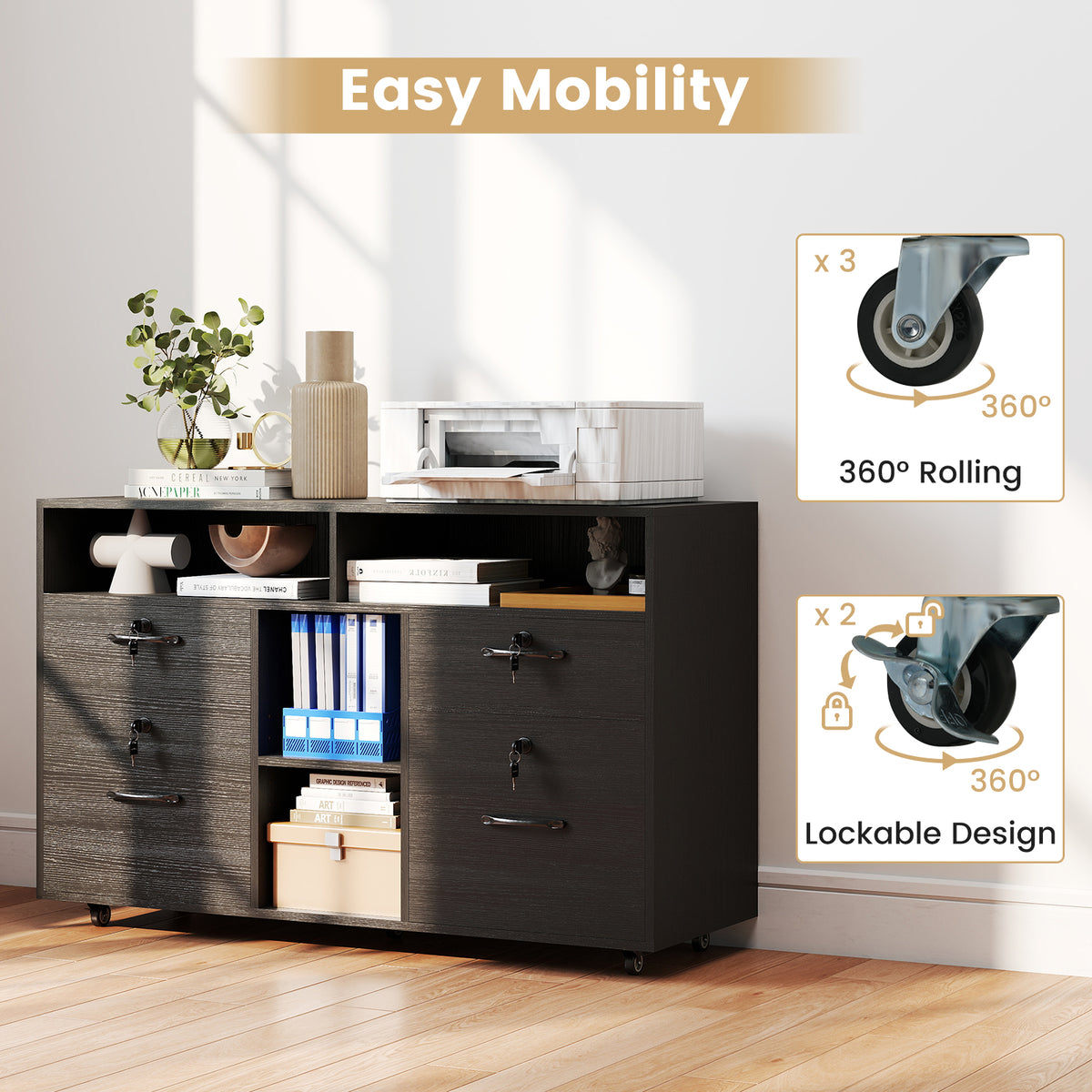 File Cabinet with Lock, Mobile Lateral Filing Storage Organizer