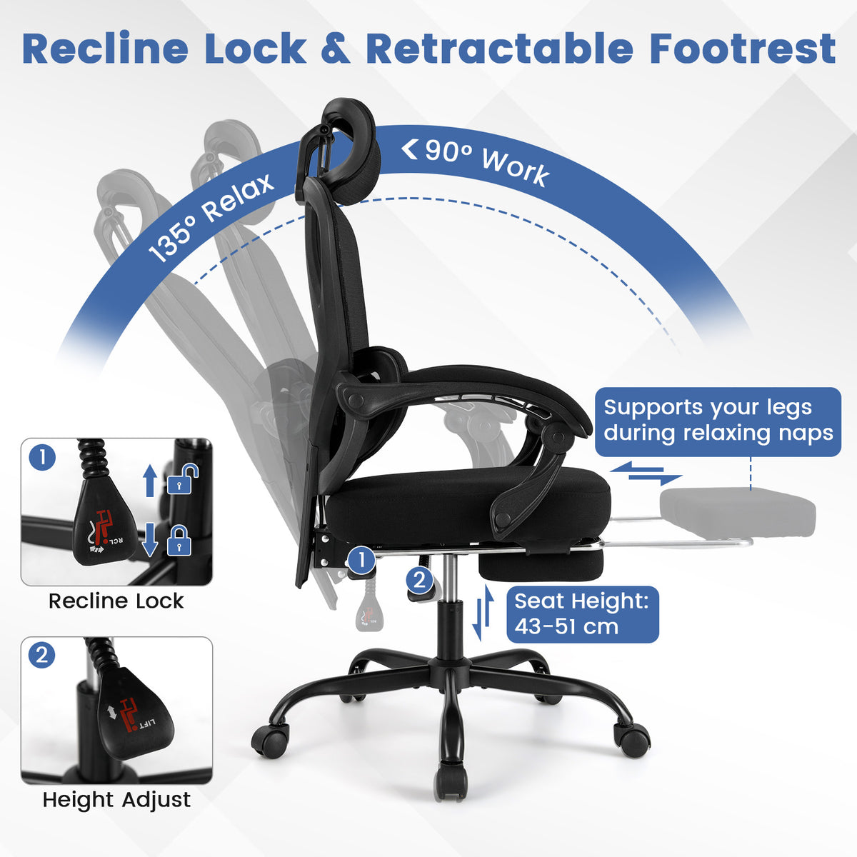 Ergonomic Office Chair High Back Mesh Desk Chair w/ Retractable Footrest