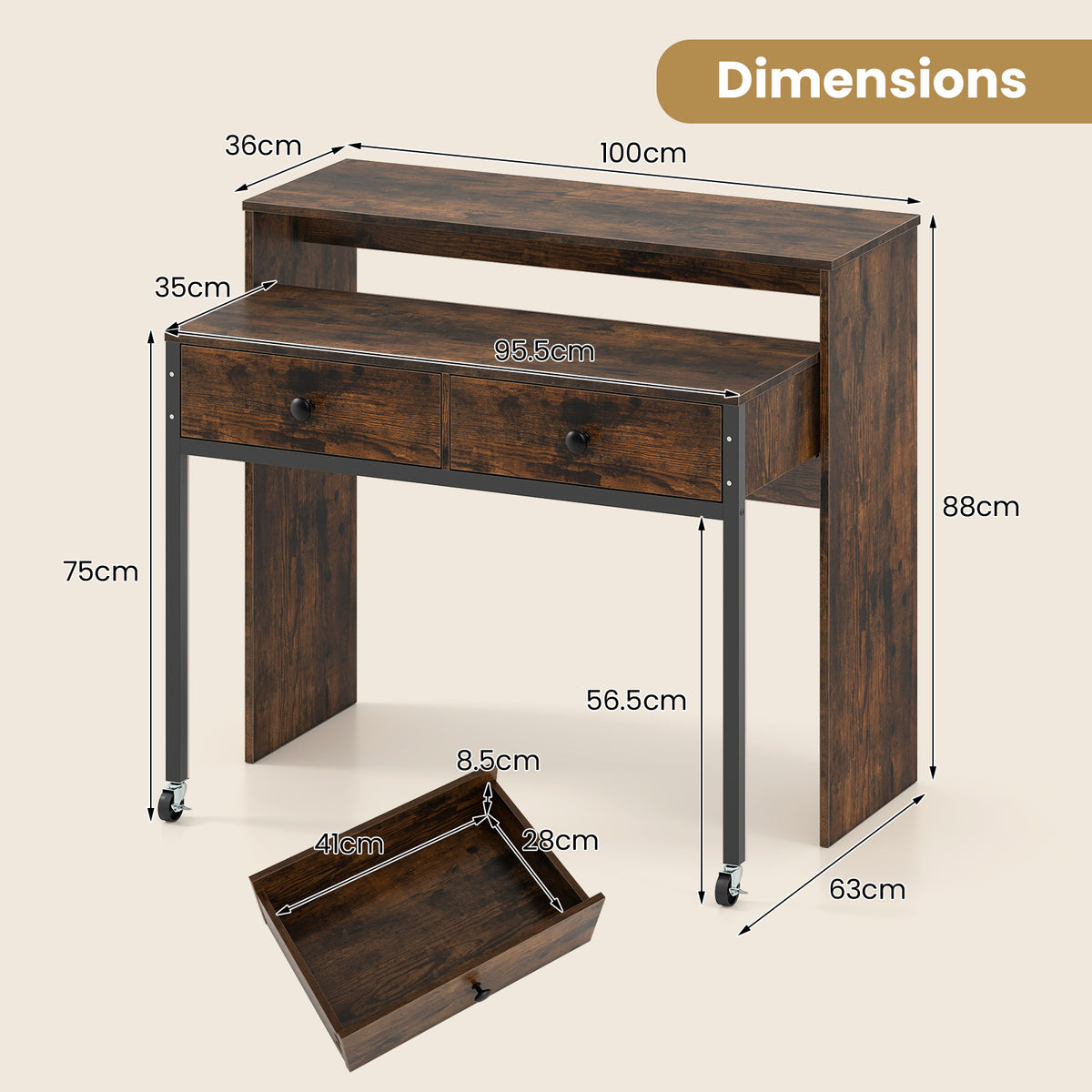 Extending Writing Desk, Console Table with 2 Drawers