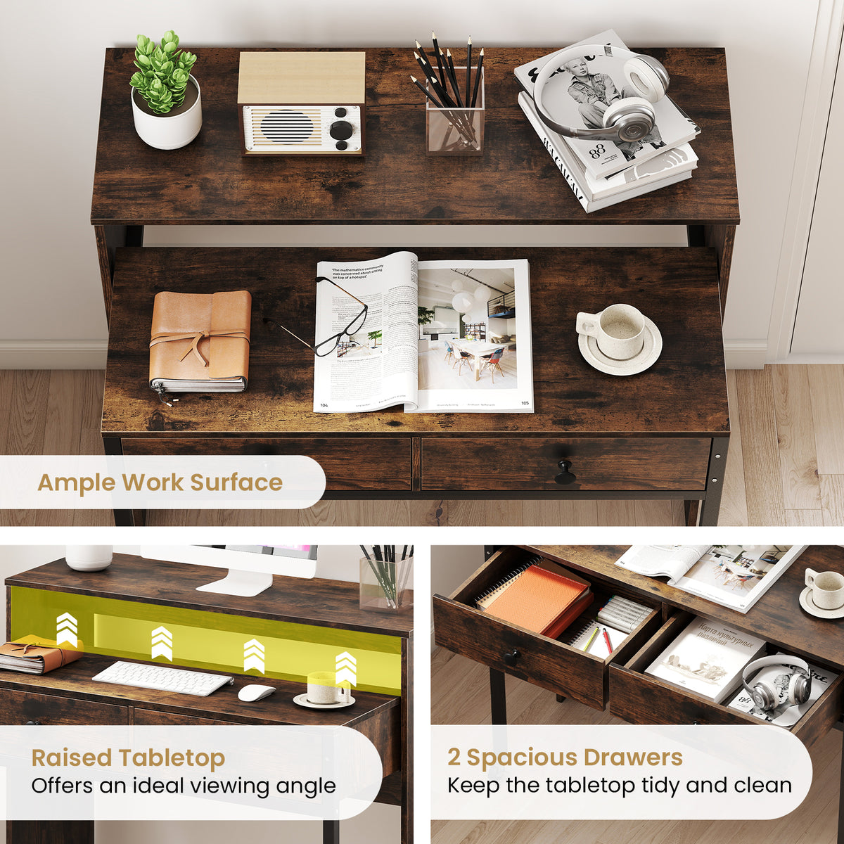 Extending Writing Desk, Console Table with 2 Drawers