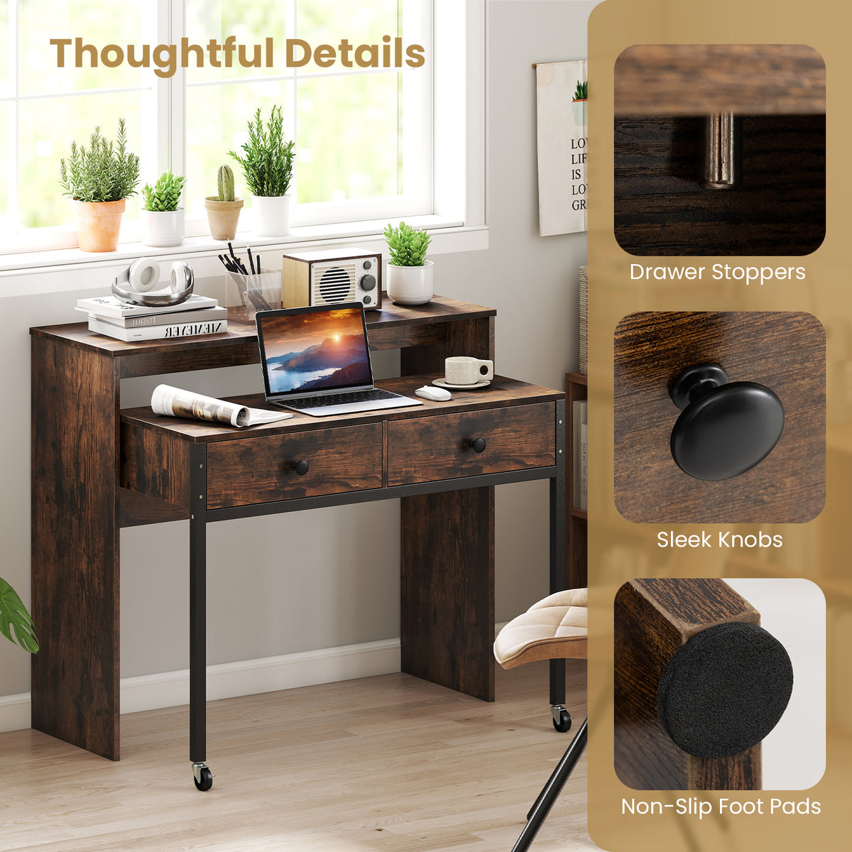 Extending Writing Desk, Console Table with 2 Drawers