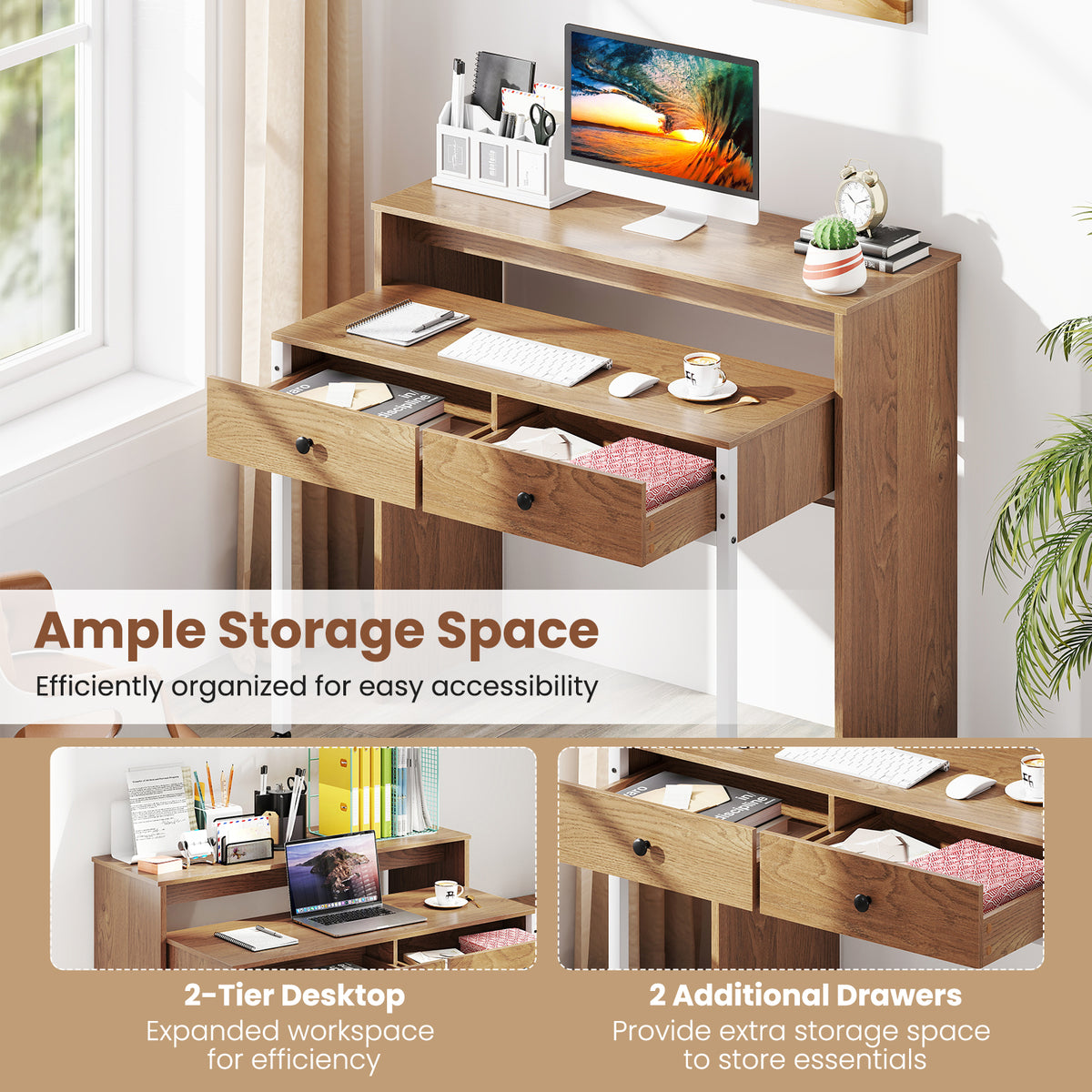 Extendable Computer Desk with 2 Storage Drawers