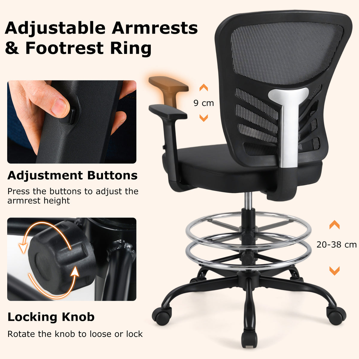 Height-adjustable Drafting Chair Swivel Task Chair Standing Desk Chair
